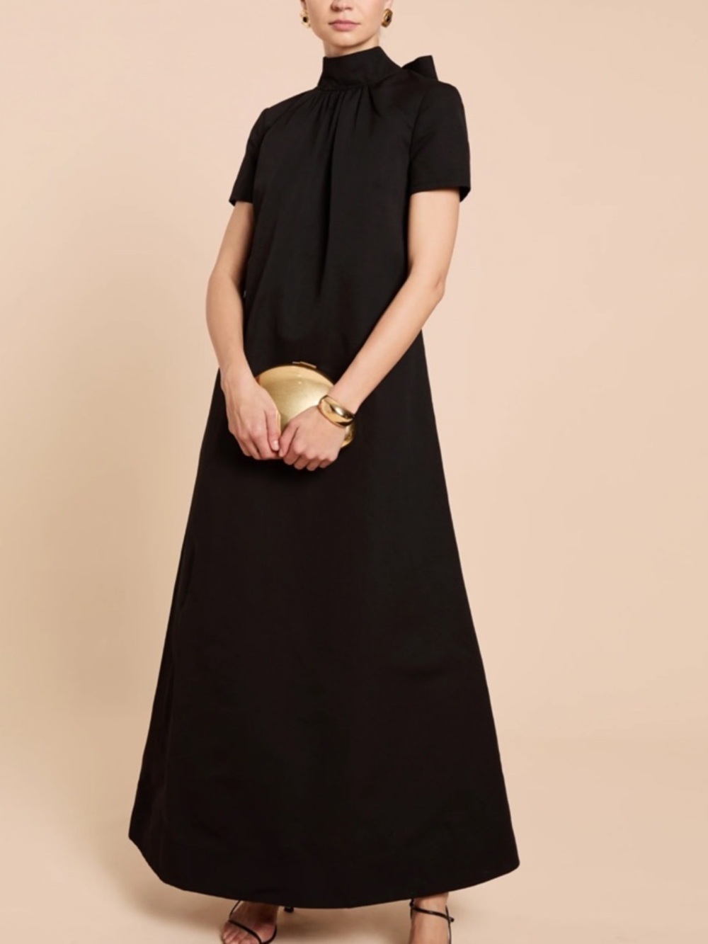 High-Neck Black Short-Sleeve Maxi Dress